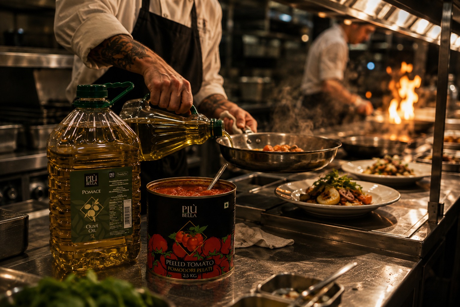 Più Bella products on a professional kitchen counter